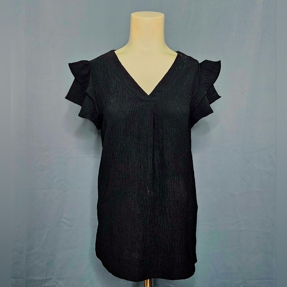 MEROKEETY Black Flutter Ruffle Sleeve V-Neck Blouse‎ Top Size S